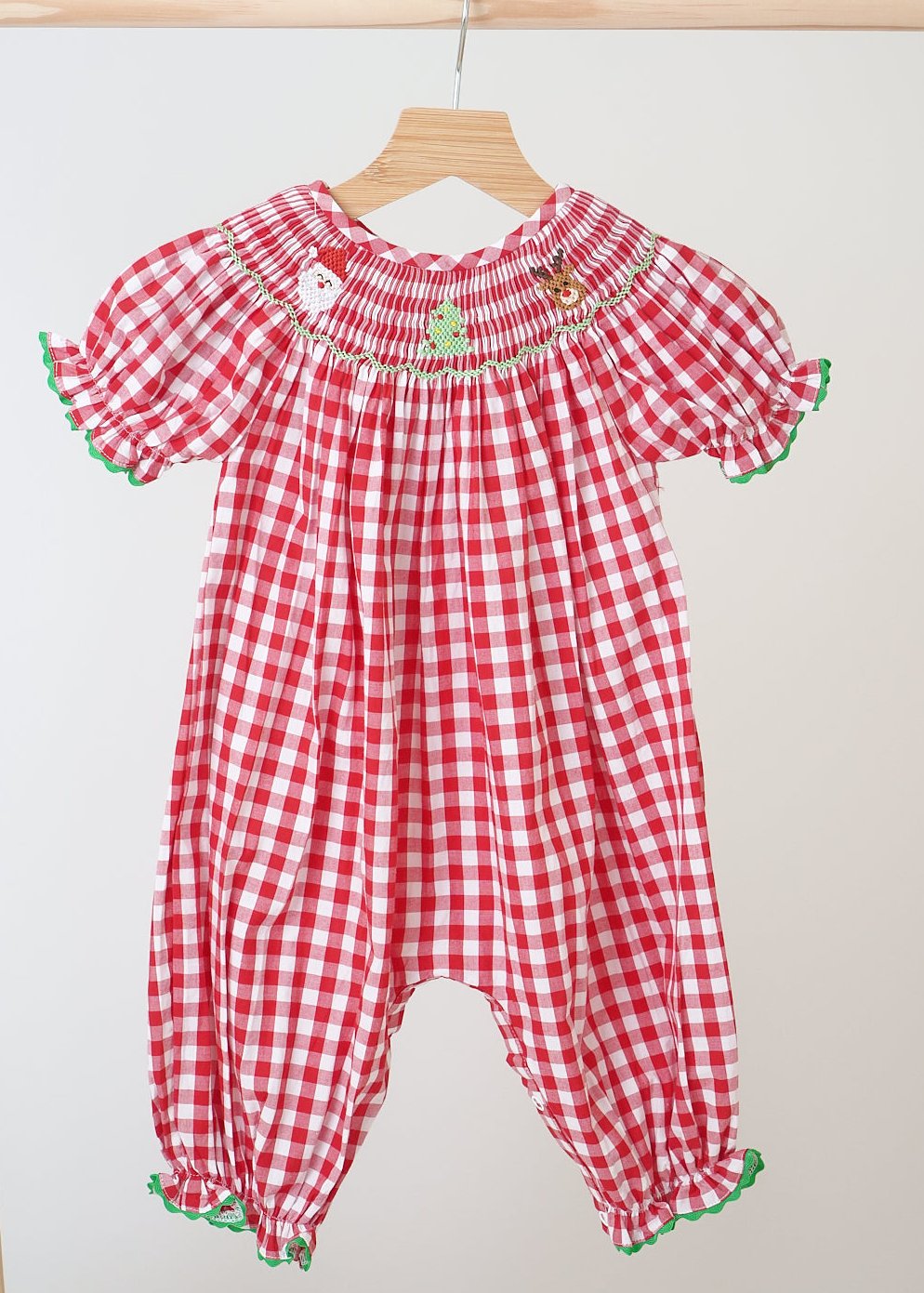 Red Christmas Hand Smocked Gingham Romper