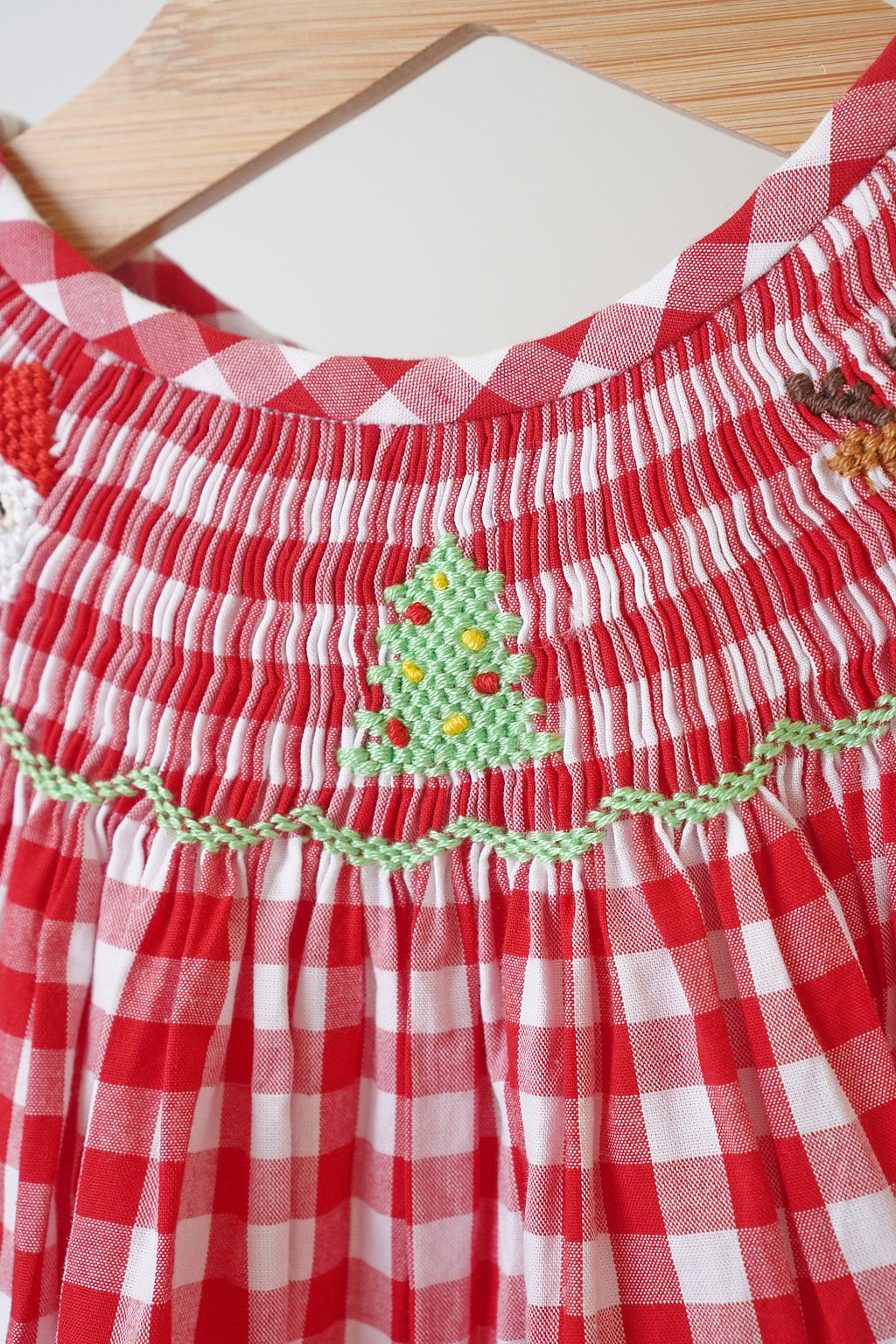 Red Christmas Hand Smocked Gingham Romper