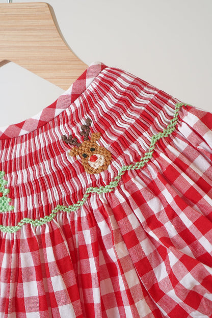 Red Christmas Hand Smocked Gingham Romper