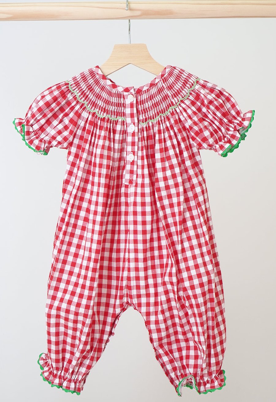 Red Christmas Hand Smocked Gingham Romper