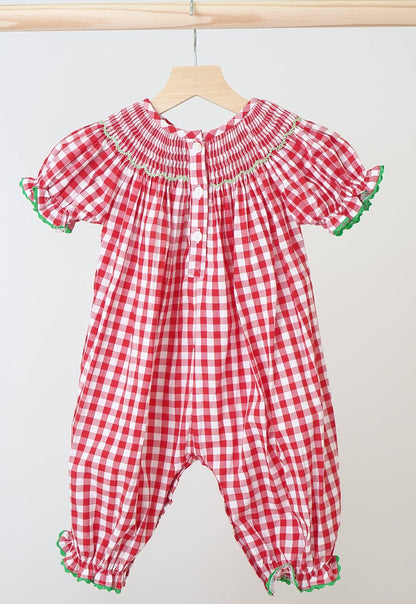 Red Christmas Hand Smocked Gingham Romper