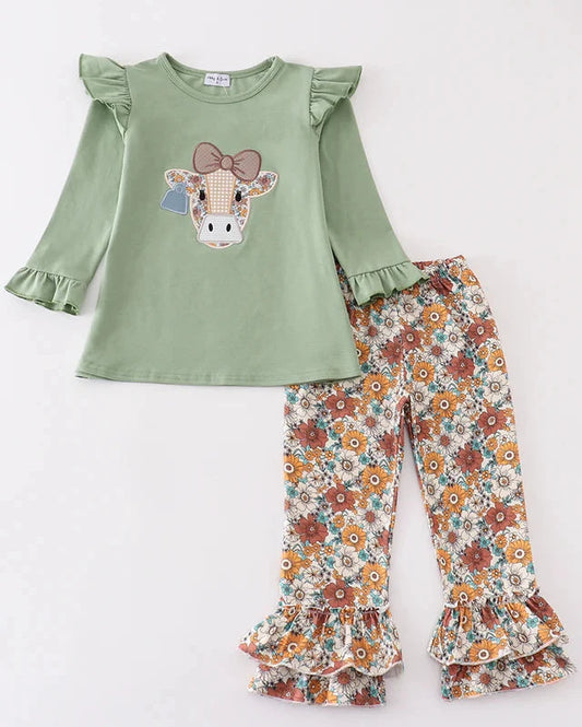 Green Cow Applique Floral Girl Set