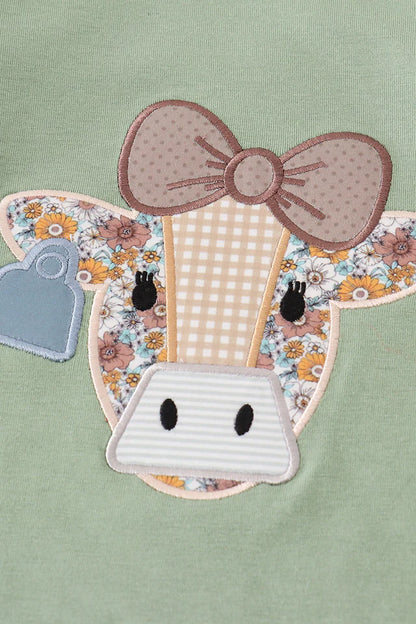 Green Cow Applique Floral Girl Set