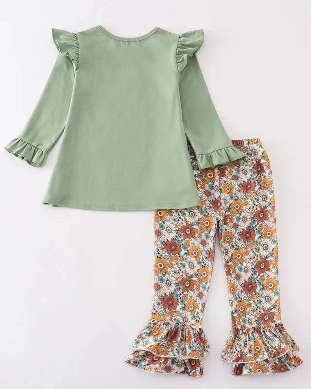 Green Cow Applique Floral Girl Set