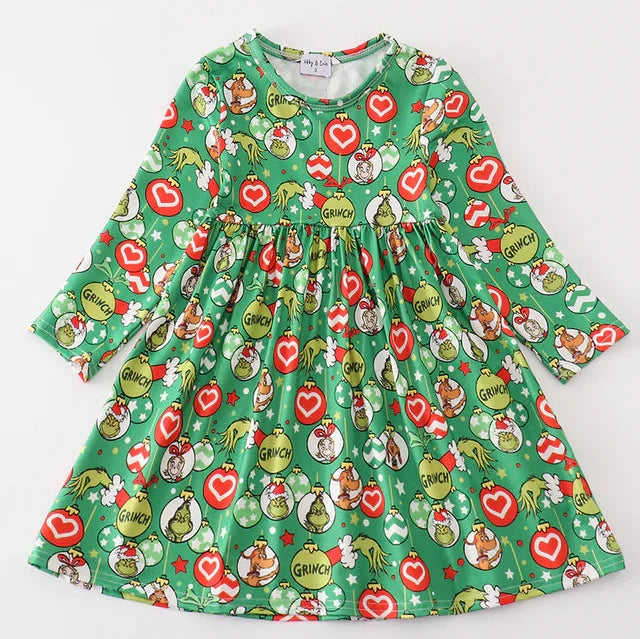 Green Guy Print Ruffle Dress