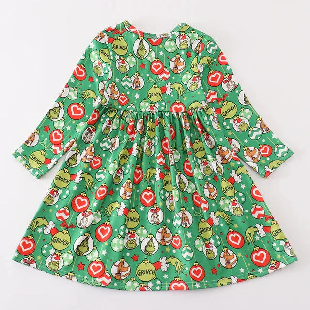 Green Guy Print Ruffle Dress