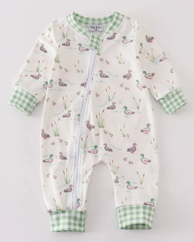 Sage Duck Print Zip Boy Romper