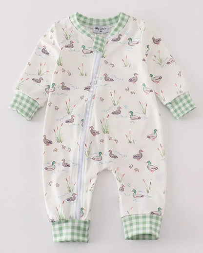 Sage Duck Print Zip Boy Romper