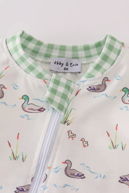 Sage Duck Print Zip Boy Romper