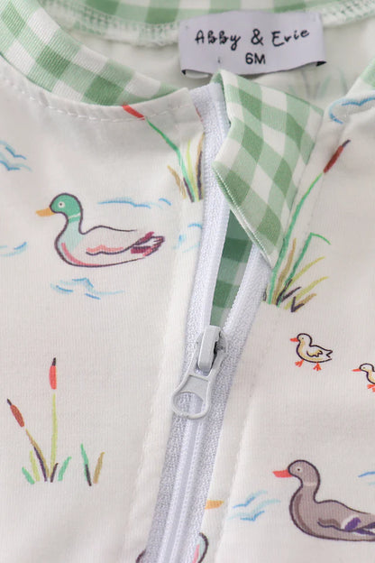 Sage Duck Print Zip Boy Romper