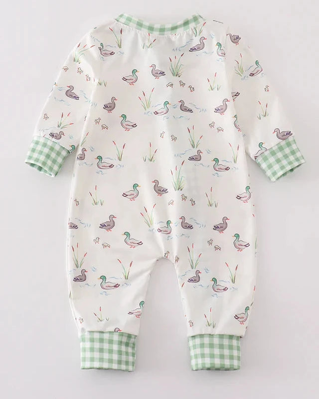 Sage Duck Print Zip Boy Romper