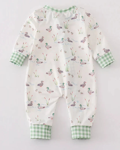 Sage Duck Print Zip Boy Romper