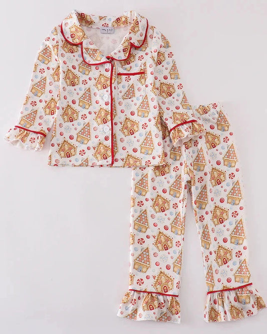 Gingerbread House Print Girl Pajamas Set