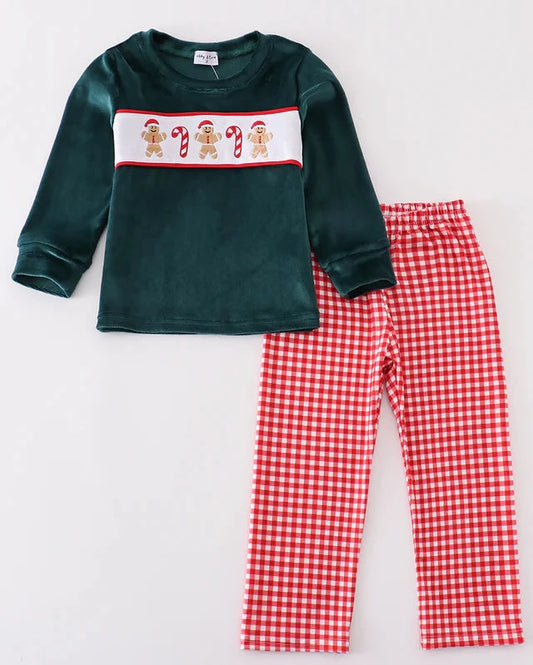 Forest Velvet Gingerbread Embroidered Boy Pants Set