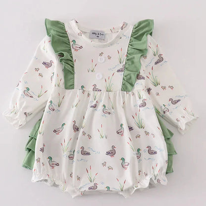 Sage Duck Print Girl Ruffle Bubble