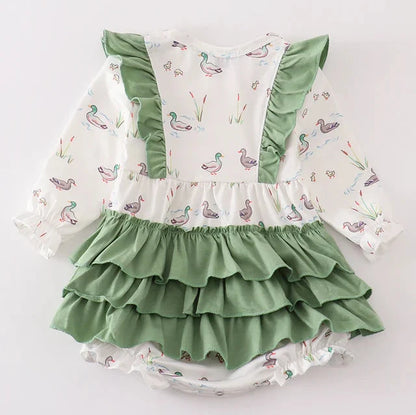 Sage Duck Print Girl Ruffle Bubble