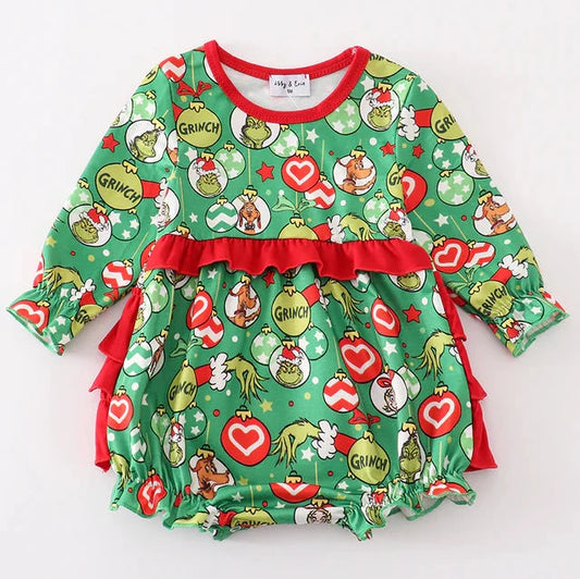 Green Guy Print Girl Ruffle Bubble