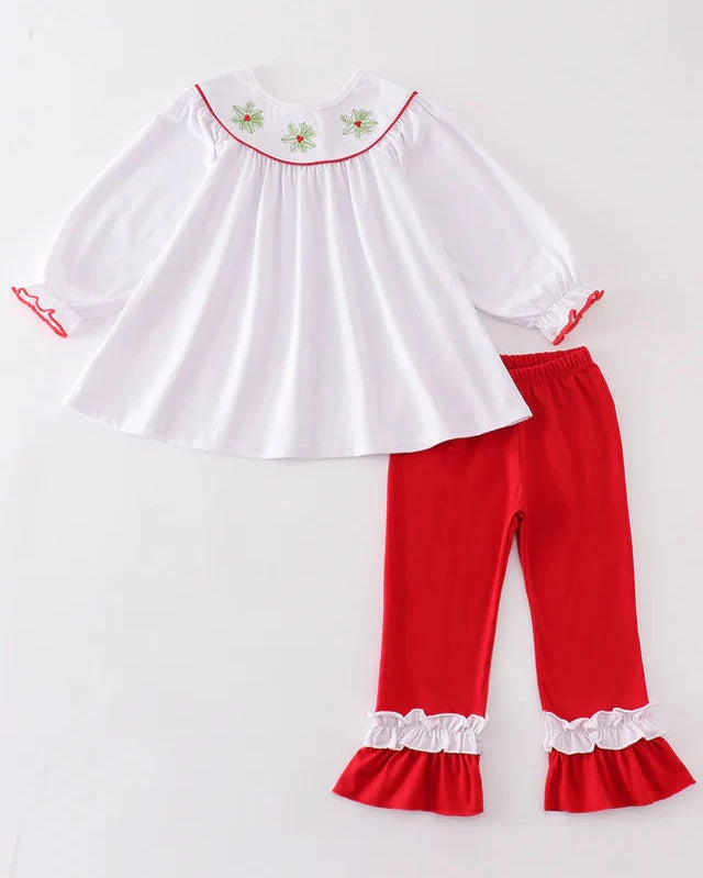 Red Christmas Holly Embroidered Bishop Girl Set