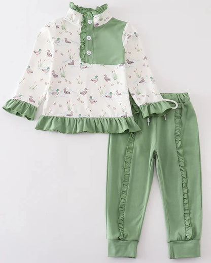 Sage Duck Print Girl Joggers Set