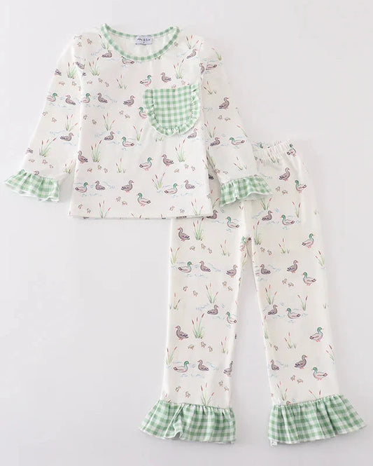 Sage Duck Print Girl Pajamas Set