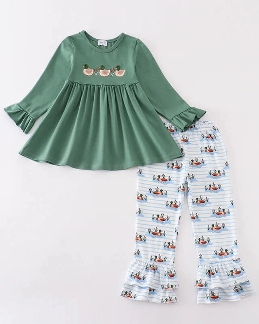 Forest Duck French Knot Girl Pants Set