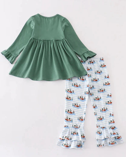 Forest Duck French Knot Girl Pants Set