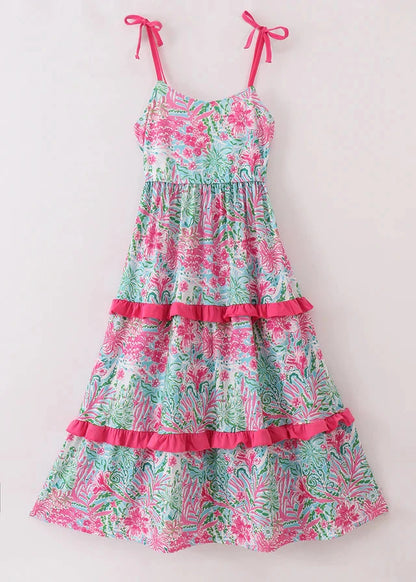 Pink Palm Paradise Print Women’s Tiered Dress