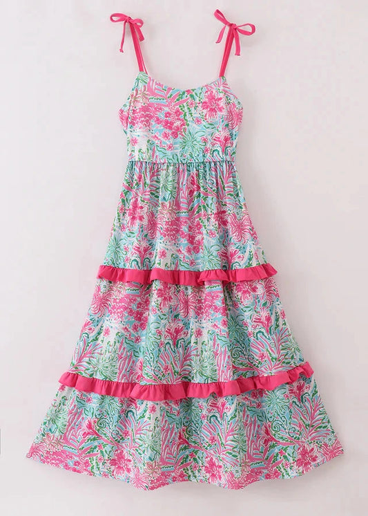 Pink Palm Paradise Print Women’s Tiered Dress