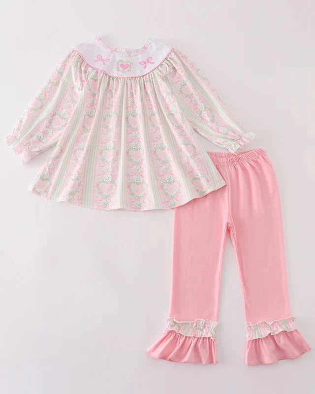 Valentine Hearts + Bows Embroidered Girl Set