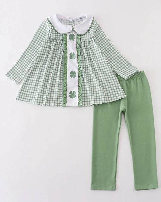 Green Clover Embroidered Girl Pants Set