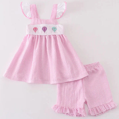 Pink Seersucker Hot Air Balloon Embroidered Girl Shorts Set