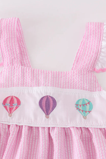 Pink Seersucker Hot Air Balloon Embroidered Girl Shorts Set