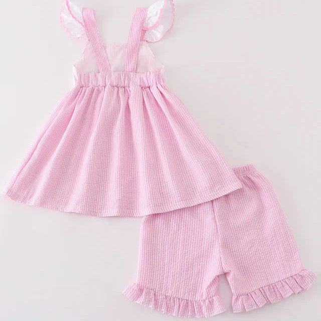 Pink Seersucker Hot Air Balloon Embroidered Girl Shorts Set