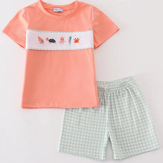 Sea Creatures Embroidered Coral Sage Boy Shorts Set