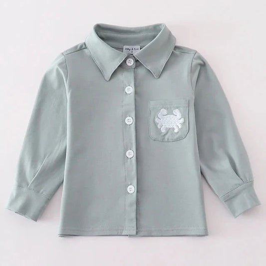 Crab Embroidered Blue Boy Button Down Shirt