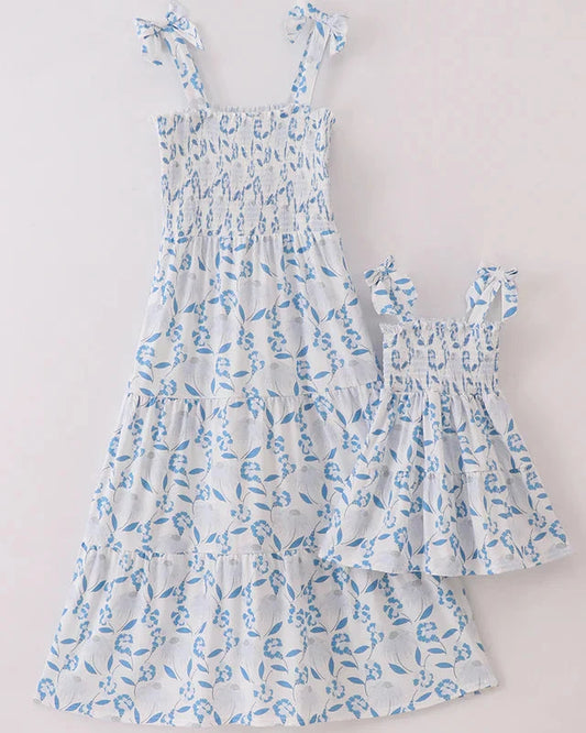 Blue Pretty Petals Print Smocked Mom+Me Dress