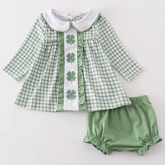 Green Clover Embroidered Girl Bloomers Set