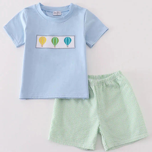 Blue Hot Air Balloon Embroidered Seersucker Boy Shorts Set