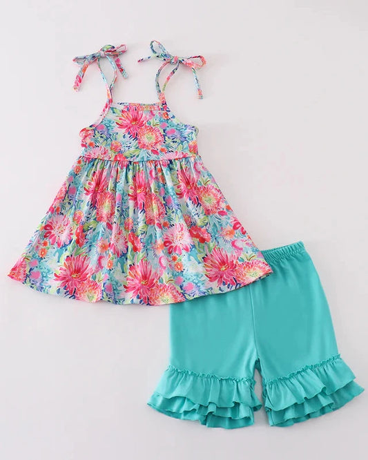 Tropical Bloom Print Girl Shorts Set