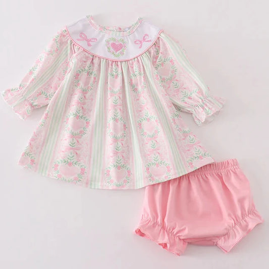 Valentine Hearts + Bows Embroidered Girl Bloomer Set