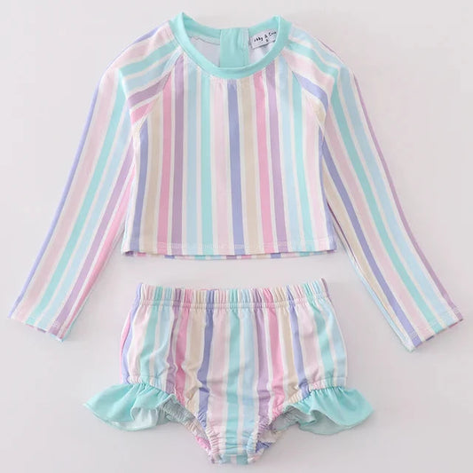 Ella Multicolor Stripe Girl 2pc Long Sleeve Swimsuit