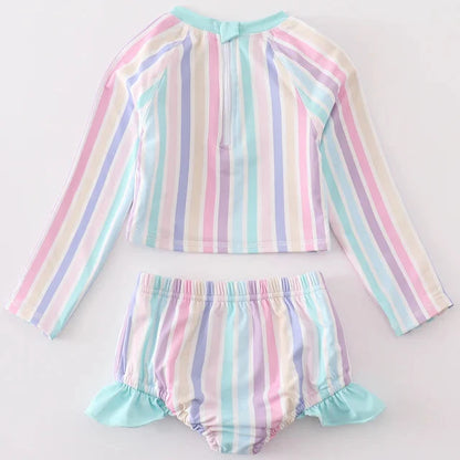 Ella Multicolor Stripe Girl 2pc Long Sleeve Swimsuit