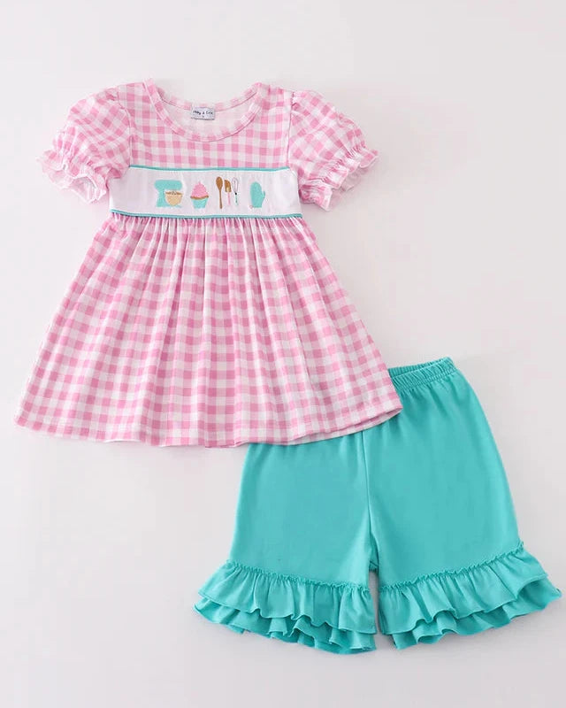 Let’s Bake Embroidered Pink Gingham Girl Shorts Set