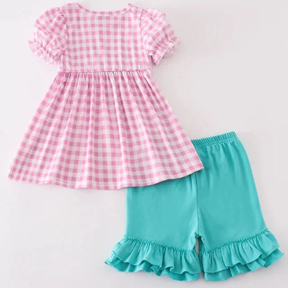 Let’s Bake Embroidered Pink Gingham Girl Shorts Set