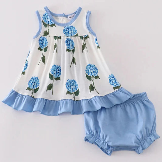 Blue Hydrangea Print Girl Bloomers Set