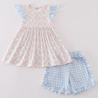 Blue Blossom Hydrangea Print Girl Shorts Set