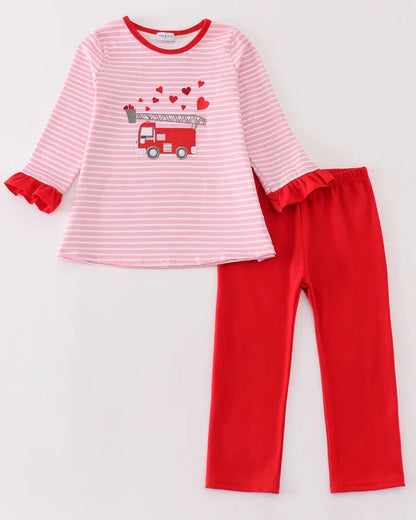 Valentine Fire Truck Applique Girl Pants Set