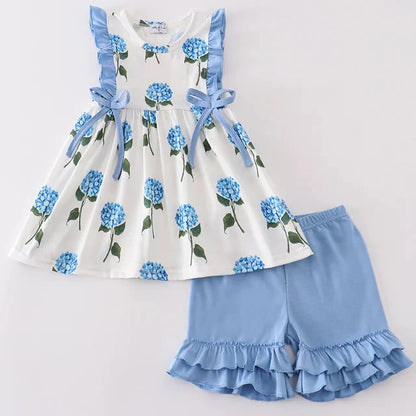 Blue Hydrangea Print Girl Shorts Set