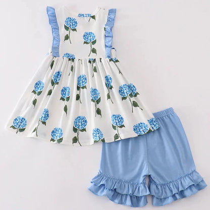 Blue Hydrangea Print Girl Shorts Set