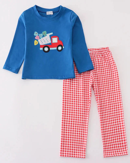 Blue Dump Truck Candy Hearts Applique Boy Pants Set